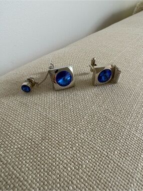 Silver Cufflinks with Deep Blue Faceted Stones